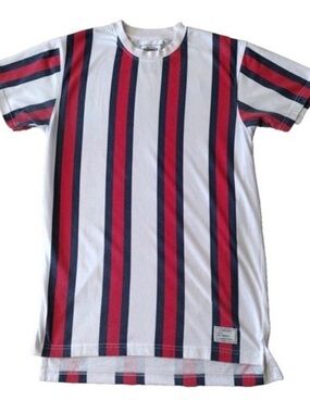 Bleecker & Mercer Men’s M White Short Sleeve Tee with Red Navy Vertical Stripes